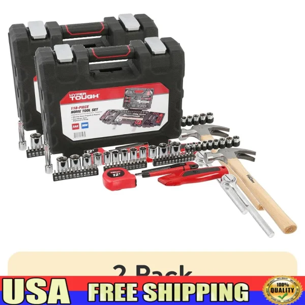 118-Piece Tool Set Home Repairs DIY Projects with Hammer Adjustable Wrench Pliers Level Ratchet and Socket Storage Case Model